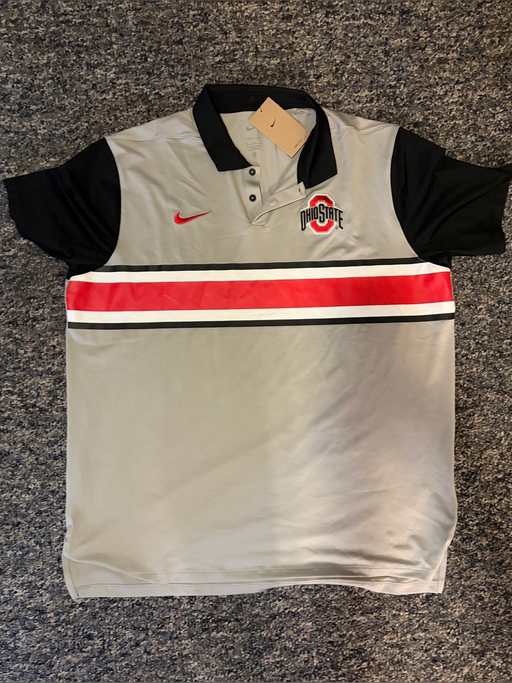 Nike Men’s Grey Polo with Black Sleeves and Red Stripe